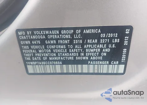 2012 Volkswagen Passat 2.5L Se из США, поврежденный, VIN 1VWBP7A35CC070504